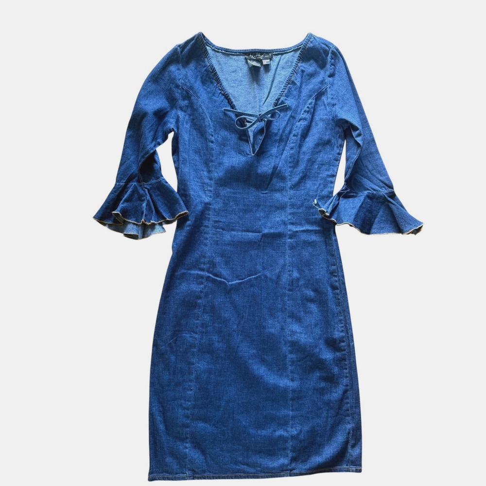 Vintage 90s Rampage Denim Dress Sz 7 Flutter Sleeve Keyhole Tie Neck Stretch